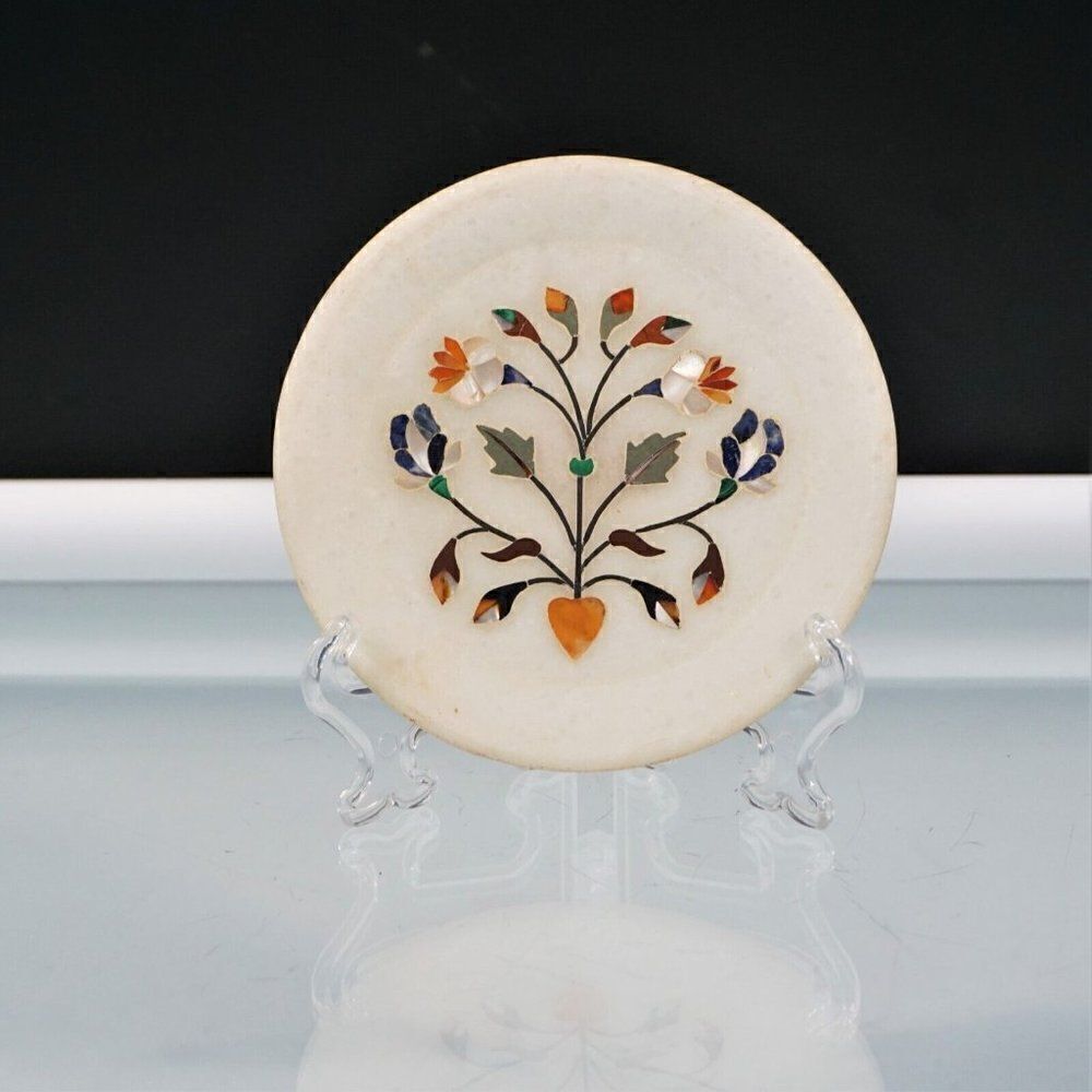 Vintage Marble Plate Pietra Dura Mother of Pearl Inlaid Floral Krafts Palace